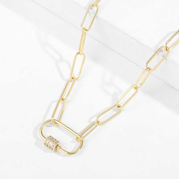 Oval Gold Narrow Chain Link Necklace Minimalist Paperclip Crystal Rhinestone - Picture 3 of 3